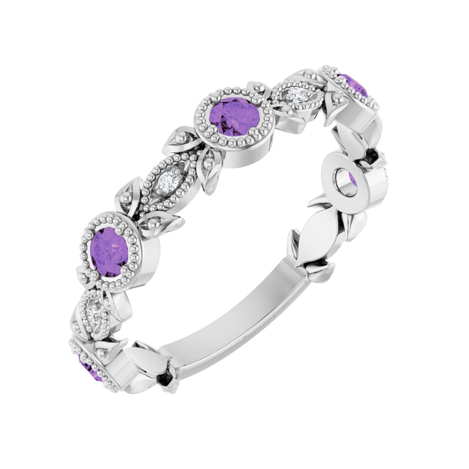 Amethyst & Diamond Leaf Ring (.03 ctw) in 14K White Gold