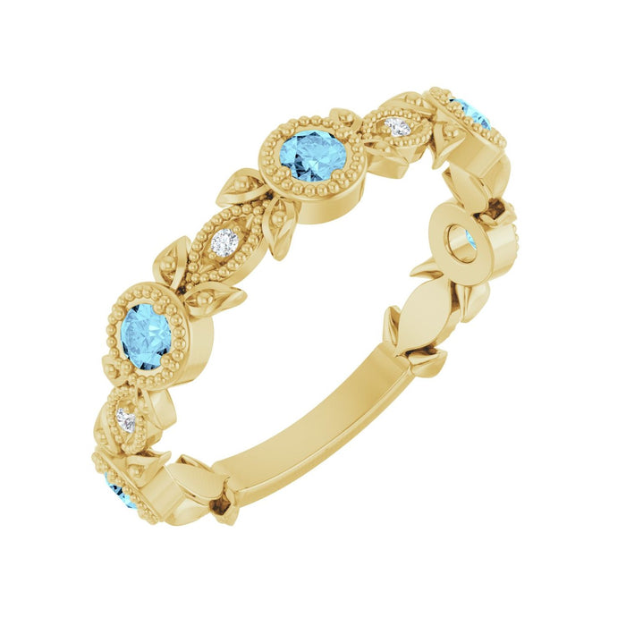 Diamond Leaf Natural Aquamarine Ring (.03 ctw) in 14K Yellow Gold
