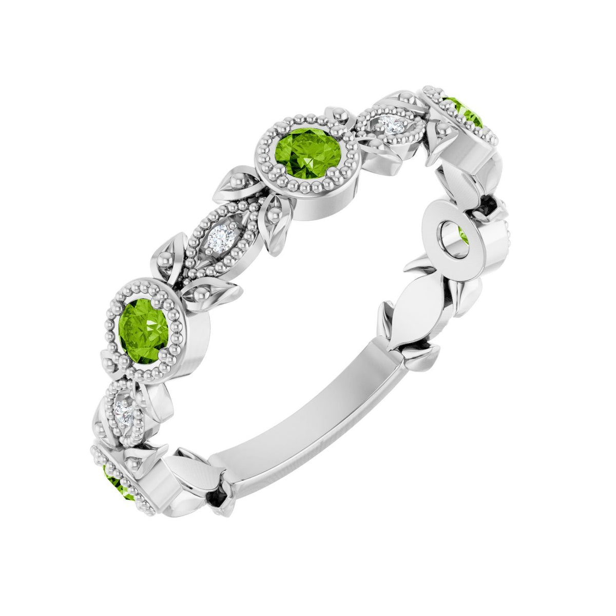 Peridot & Diamond Leaf Ring (.03 ctw) in 14K White Gold
