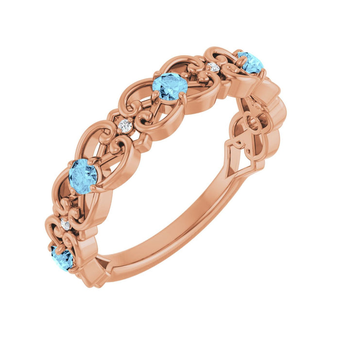 Diamond Scroll Natural Aquamarine Ring (.02 ctw) in 14K Rose Gold