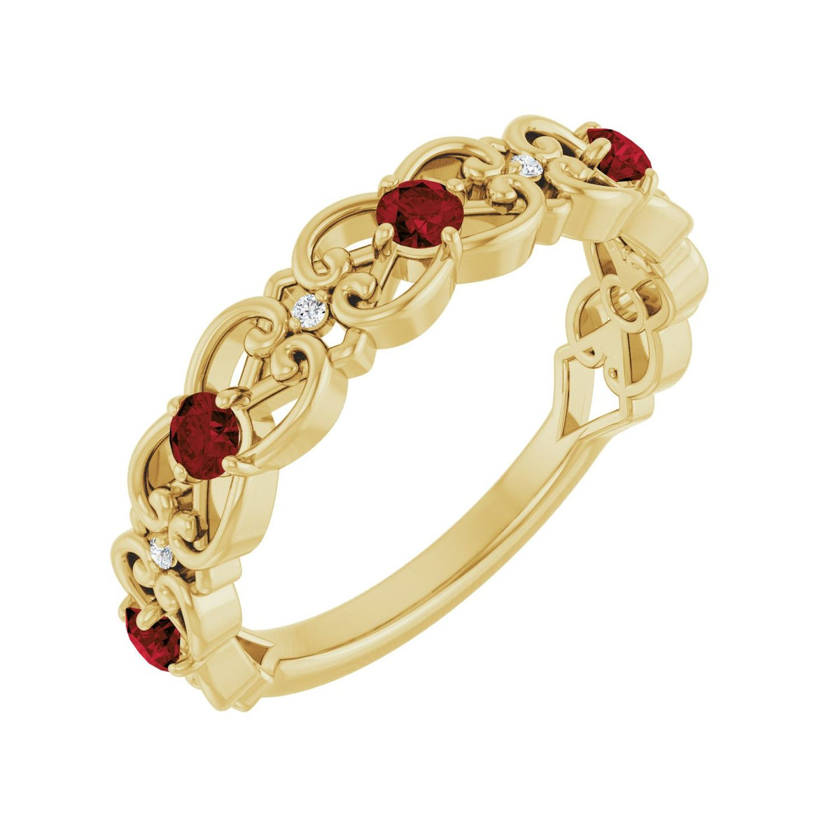 Diamond Scroll Garnet Ring (.02 ctw) in 14K Yellow Gold