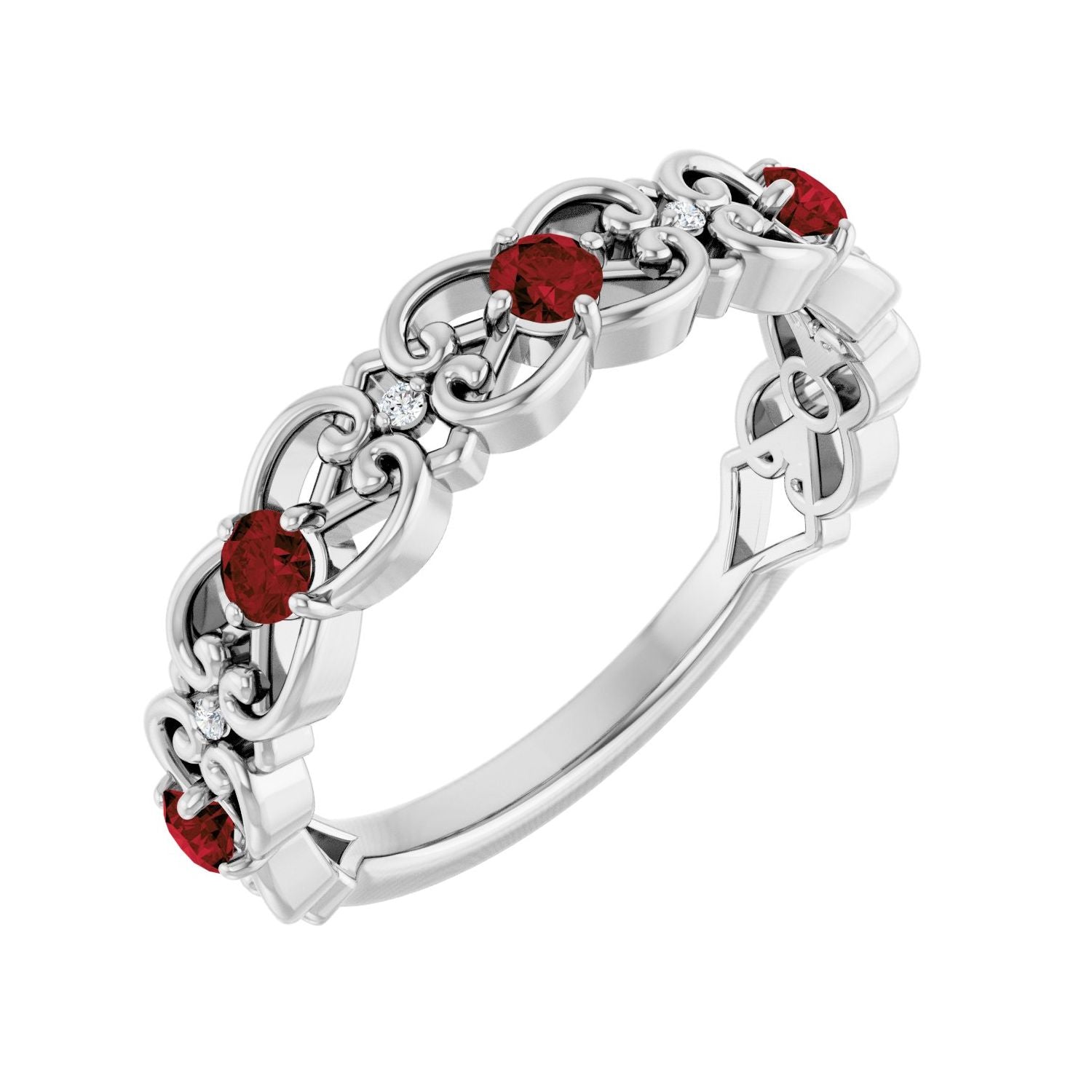 Garnet & Diamond Scroll Ring (.02 ctw) in 14K White Gold