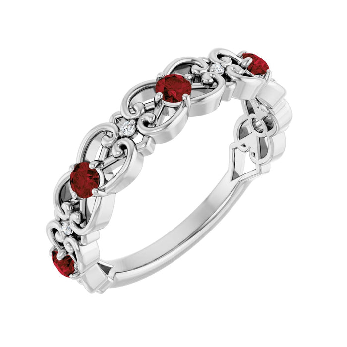 Garnet & Diamond Scroll Ring (.02 ctw) in 14K White Gold