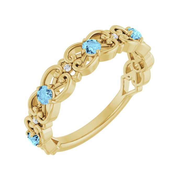 Diamond Scroll Natural Aquamarine Ring (.02 ctw) in 14K Yellow Gold