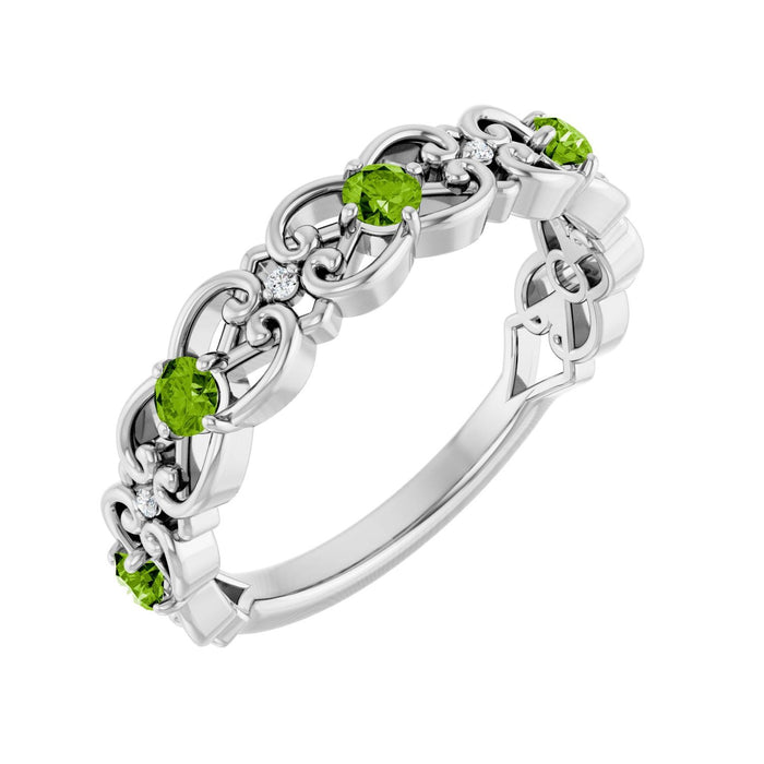 Peridot & Diamond Scroll Ring (.02 ctw) in 14K White Gold