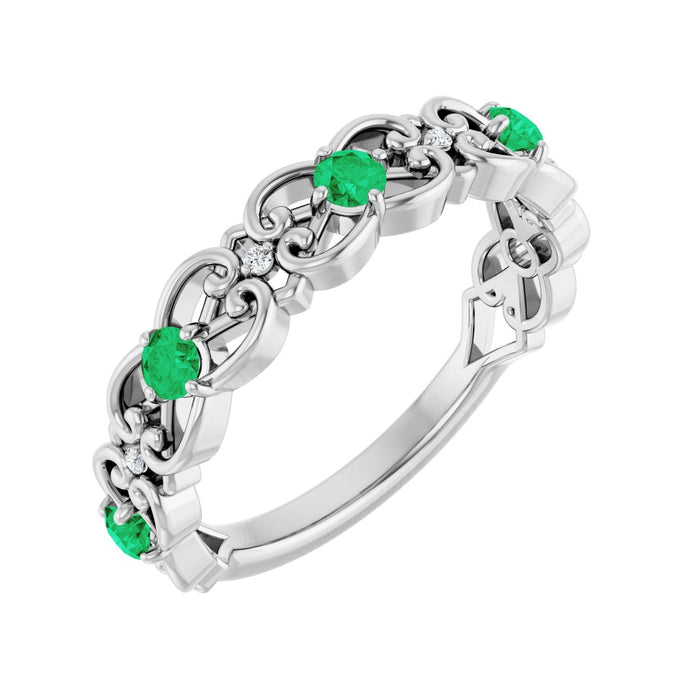 Natural Emerald & Diamond Scroll Ring (.02 ctw) in 14K White Gold