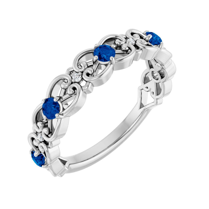 Blue Sapphire & Diamond Scroll Ring (.02 ctw) in 14K White Gold