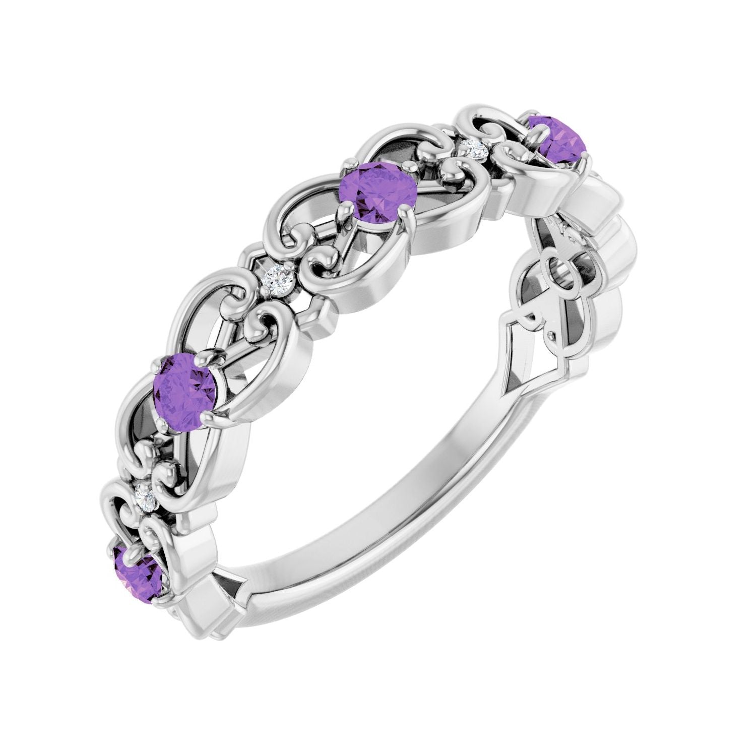 Amethyst & Diamond Scroll Ring (.02 ctw) in 14K White Gold
