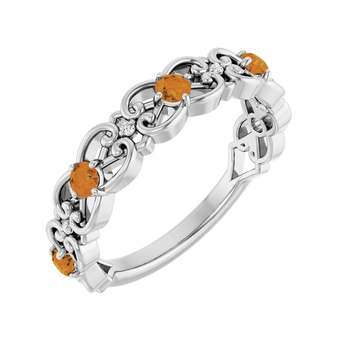 Citrine Diamond Scroll Ring (.02 ctw) in 14K White Gold