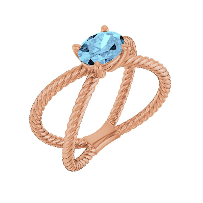 Oval Rope Natural Aquamarine Ring in 14K Rose Gold