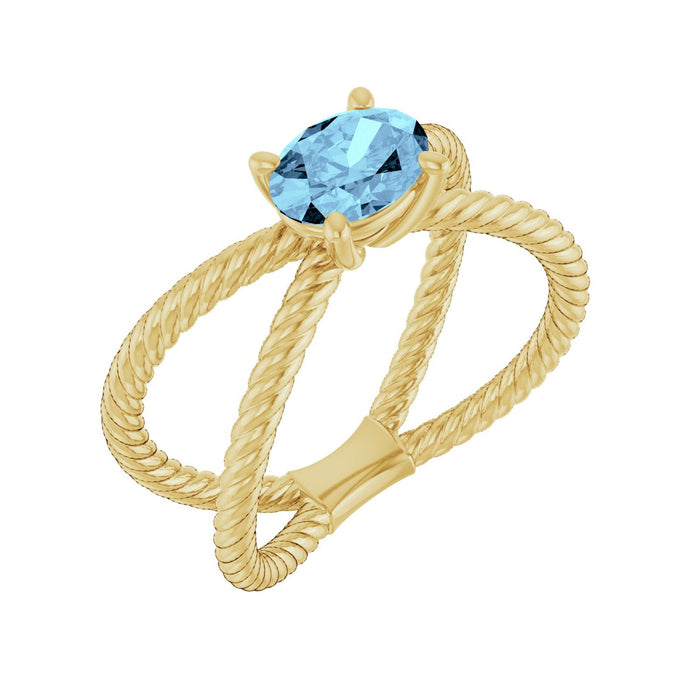 Oval Rope Natural Aquamarine Ring in 14K Yellow Gold