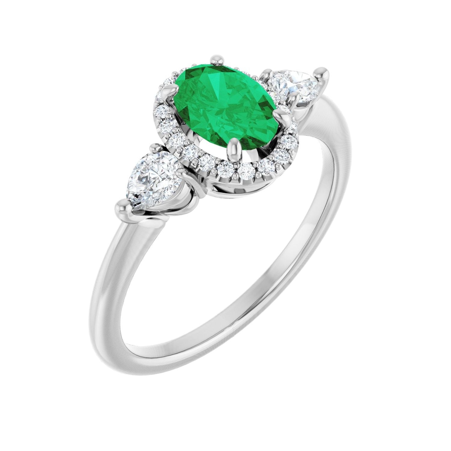 Oval Emerald Halo-Accented Three-Stone Engagement Ring in 14K White Gold
