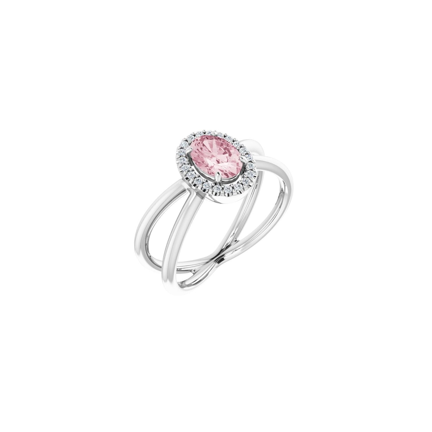 Morganite Oval Diamond Halo Bypass Ring (.08 ctw) in 14K White Gold