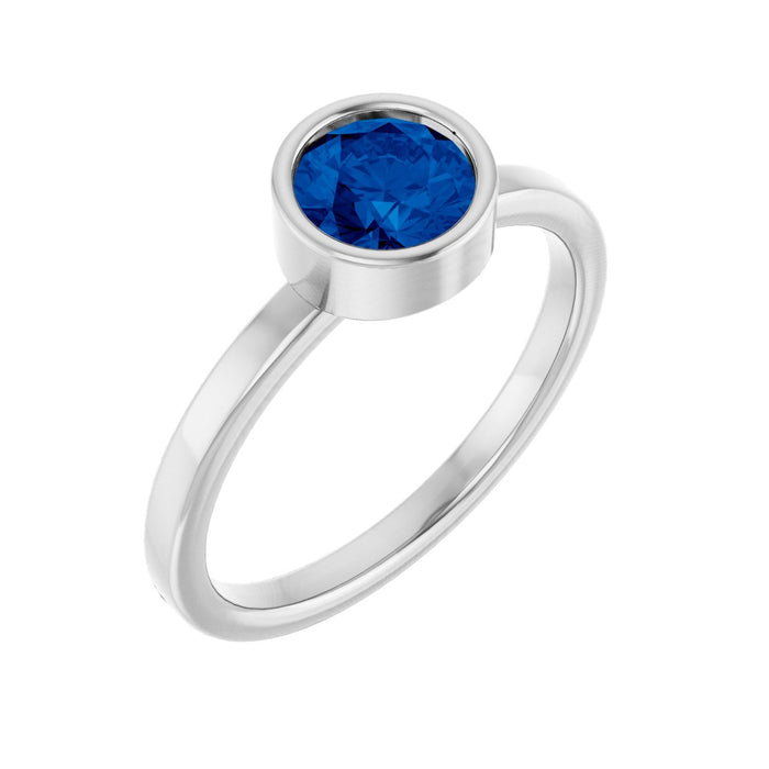 Blue Sapphire Bezel Solitaire Ring (6 mm) in 14K White Gold