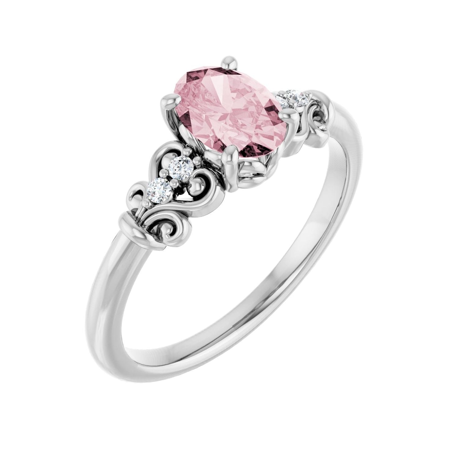 Morganite Oval Vintage Scroll Diamond Ring (.04 ctw) in 14K White Gold