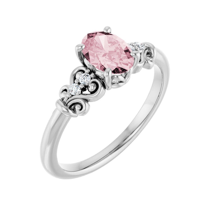 Morganite Oval Vintage Scroll Diamond Ring (.04 ctw) in 14K White Gold