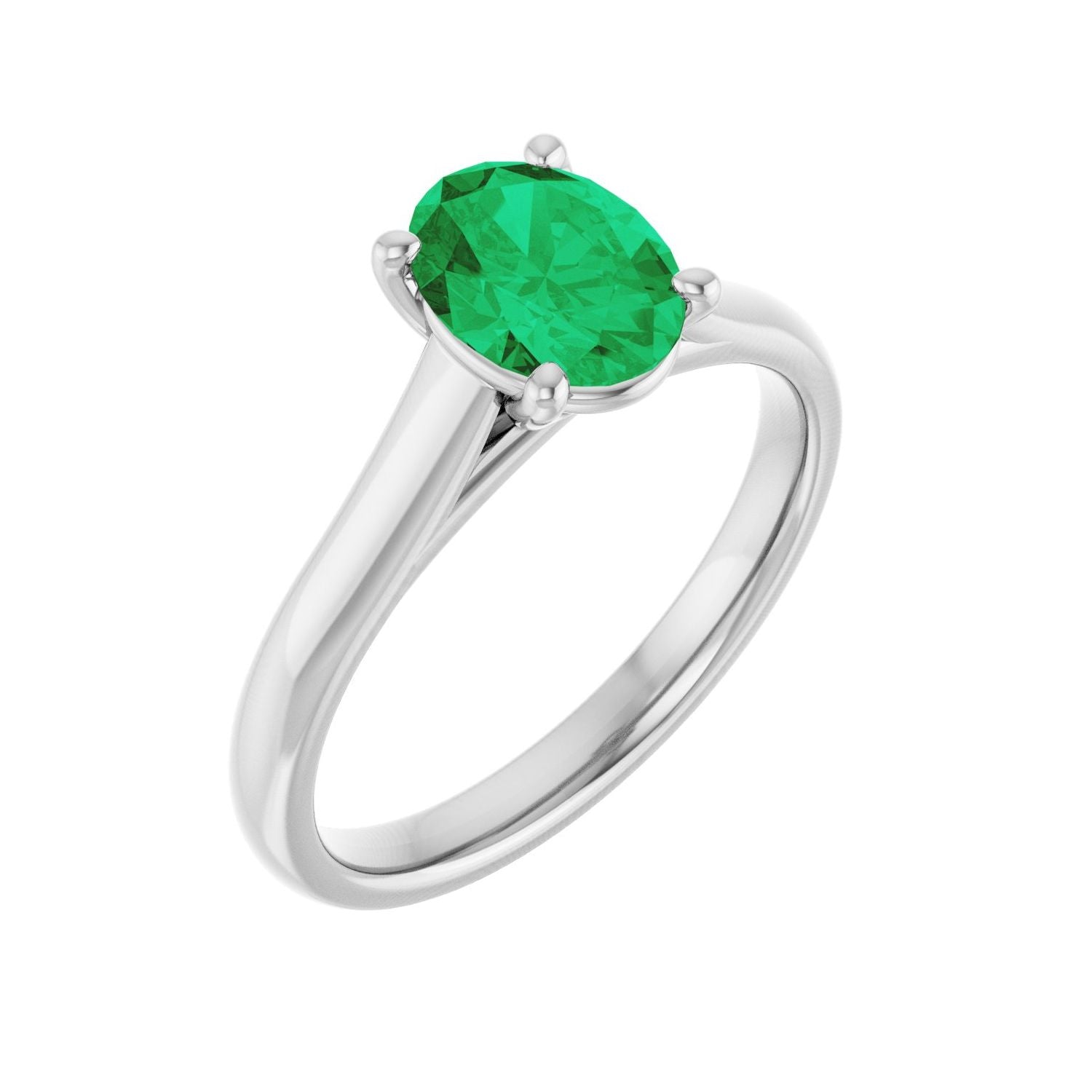 Oval Emerald Solitaire Cathedral Engagement Ring in 14K White Gold