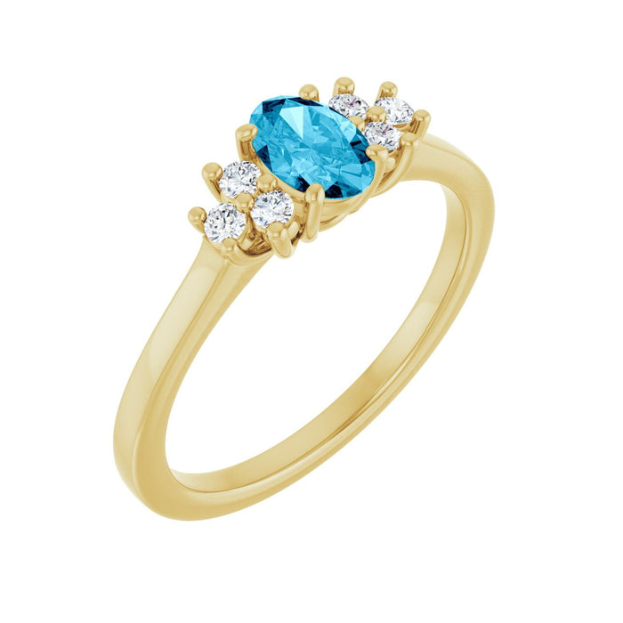 Natural Lab-Grown Diamond & Oval Aquamarine Ring (1/8 ctw) in 14K Yellow Gold