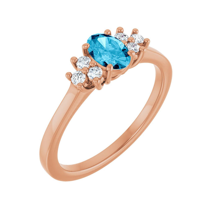 Natural Lab-Grown Diamond & Oval Aquamarine Ring (1/8 ctw) in 14K Rose Gold