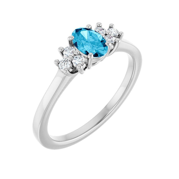 Natural Lab-Grown Diamond & Oval Aquamarine Ring (1/8 ctw) in 10K White Gold