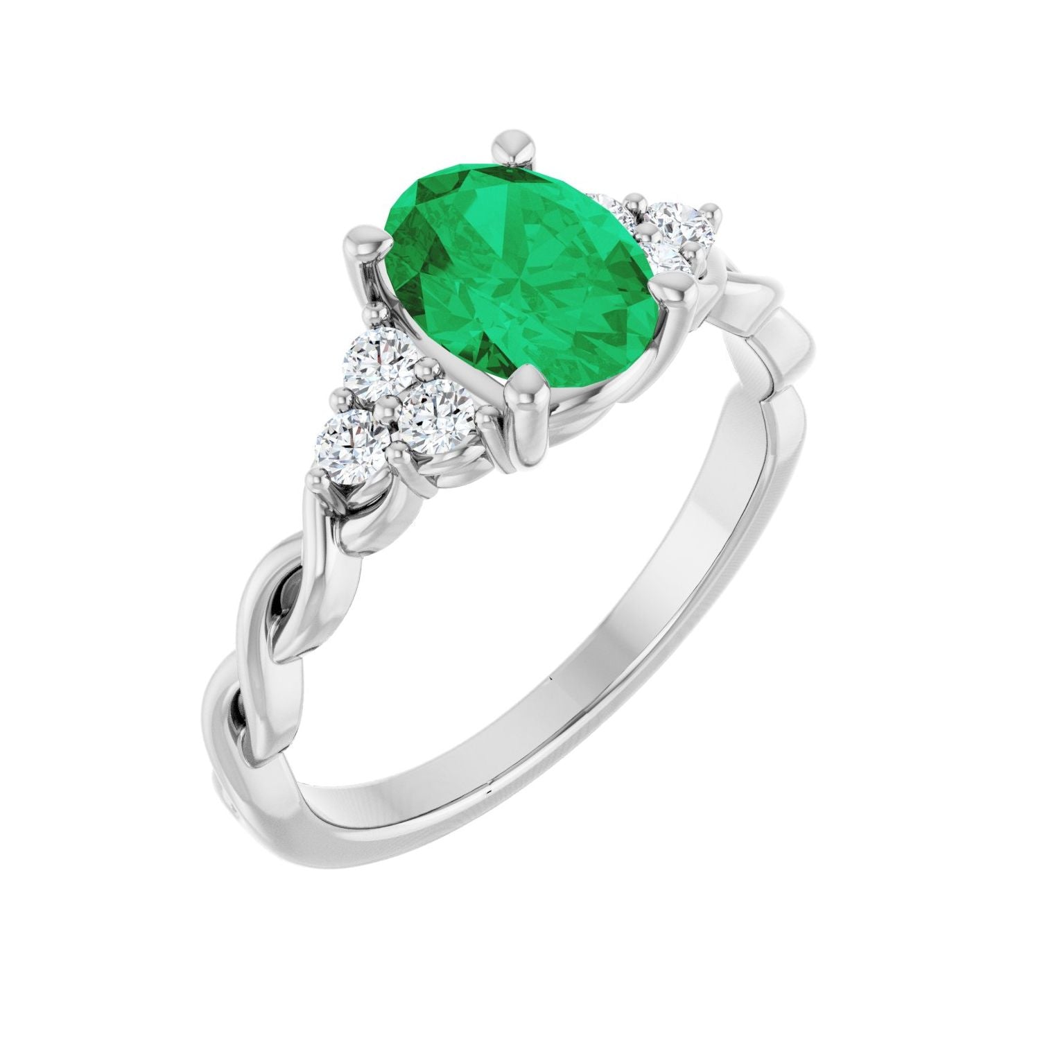 Oval Emerald Pavé Compass-Prong Engagement Ring in 14K White Gold