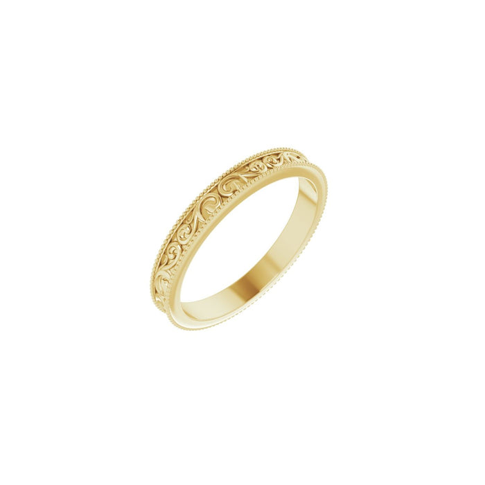 yellow gold milgrain sculptural standard-fit band with bead blast finish men's wedding band
