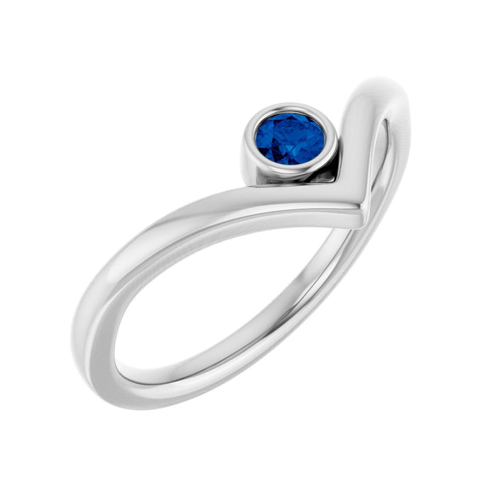 Blue Sapphire Bezel-Set V Ring in 14K White Gold