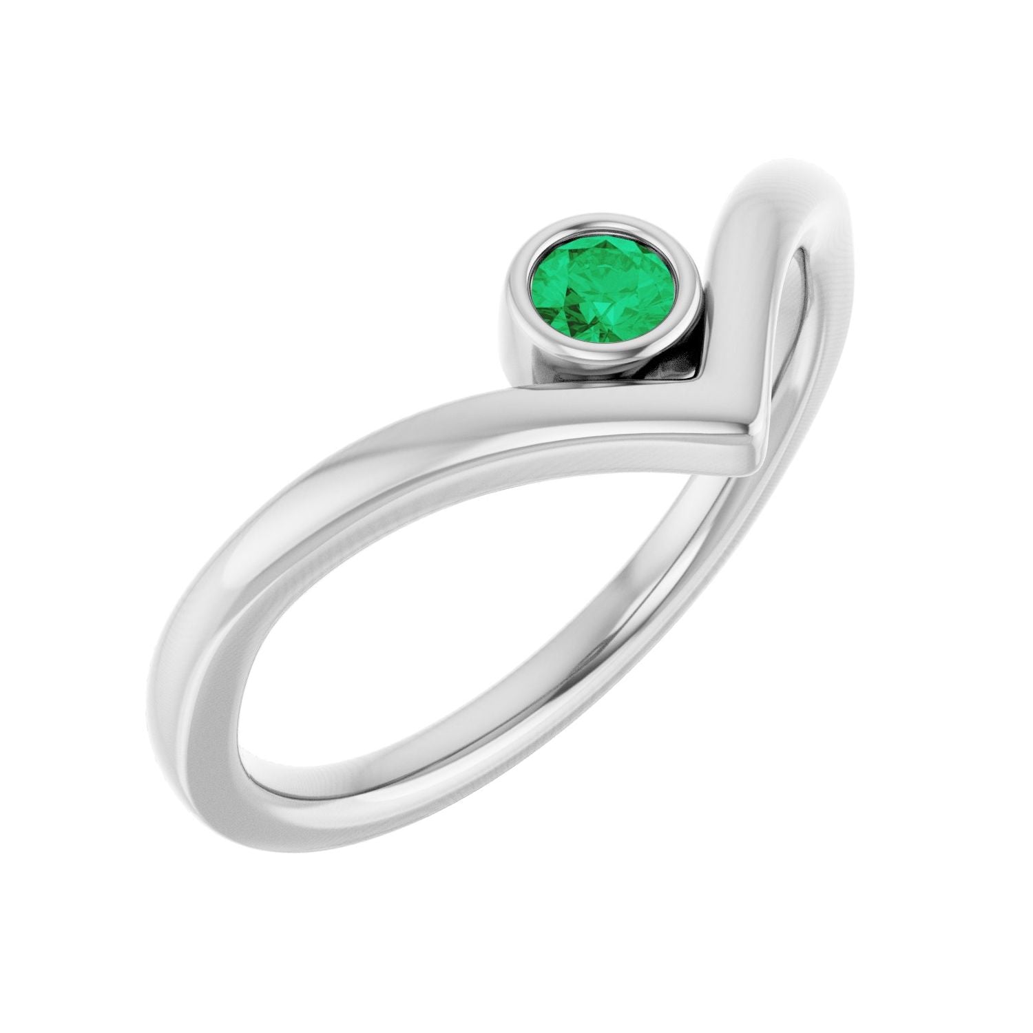 Natural Emerald Bezel-Set V Ring in 14K White Gold