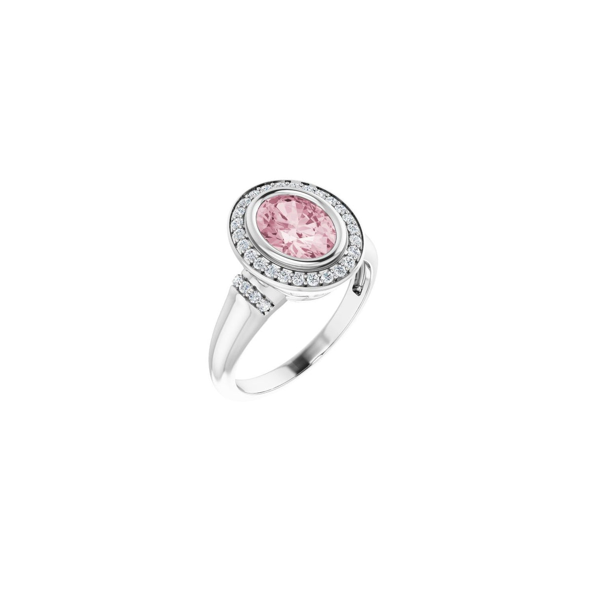 Morganite Oval Bezel Diamond Halo Ring (1/5 ctw) in 14K White Gold
