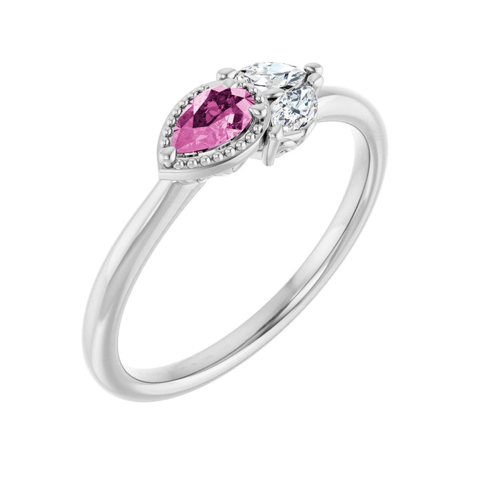 Natural Pink Sapphire & Diamond Three-Stone Ring in 14K White Gold - natural pink sapphire