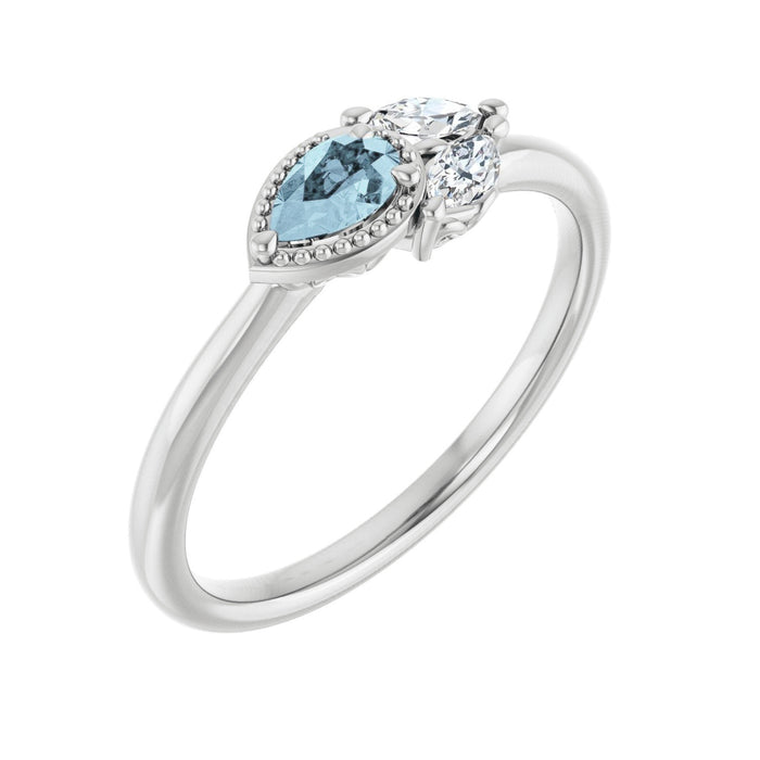 Diamond & Natural Pear Aquamarine Ring (1/8 ctw) in Platinum