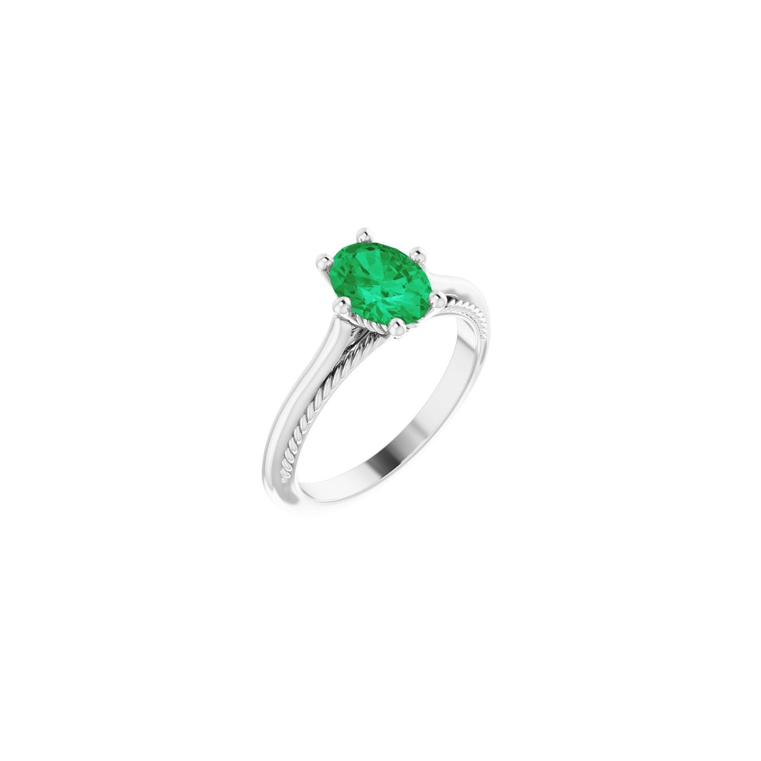 Oval Emerald Solitaire Tapered Engagement Ring in 14K White Gold