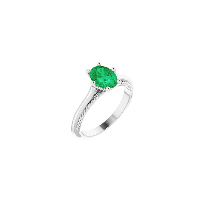 Oval Emerald Solitaire Tapered Engagement Ring in 14K White Gold