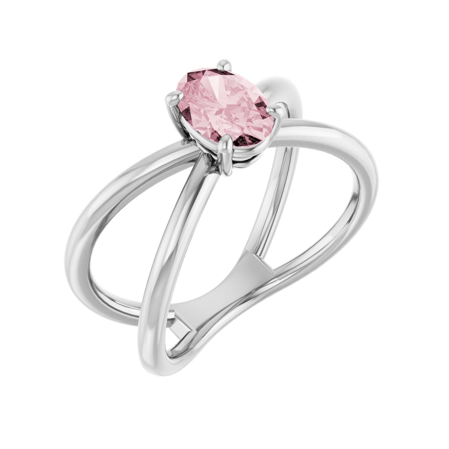 Morganite Oval Crossover-Shank Solitaire Ring in 14K White Gold