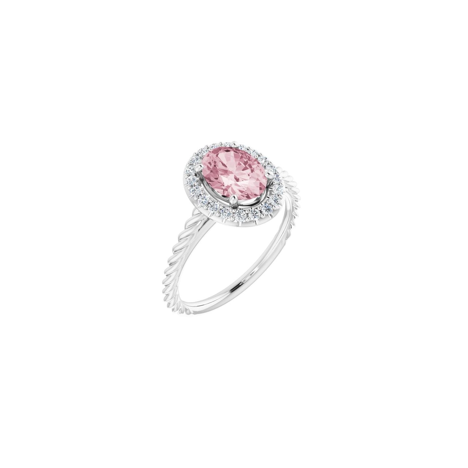 Morganite Oval Diamond Rope Halo Ring (1/6 ctw) in 14K White Gold