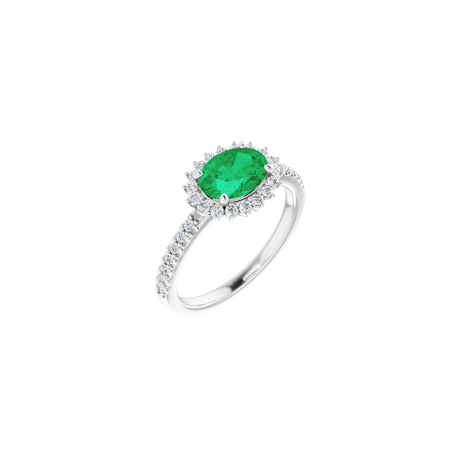 Oval Emerald Halo Signature Engagement Ring in 14K White Gold
