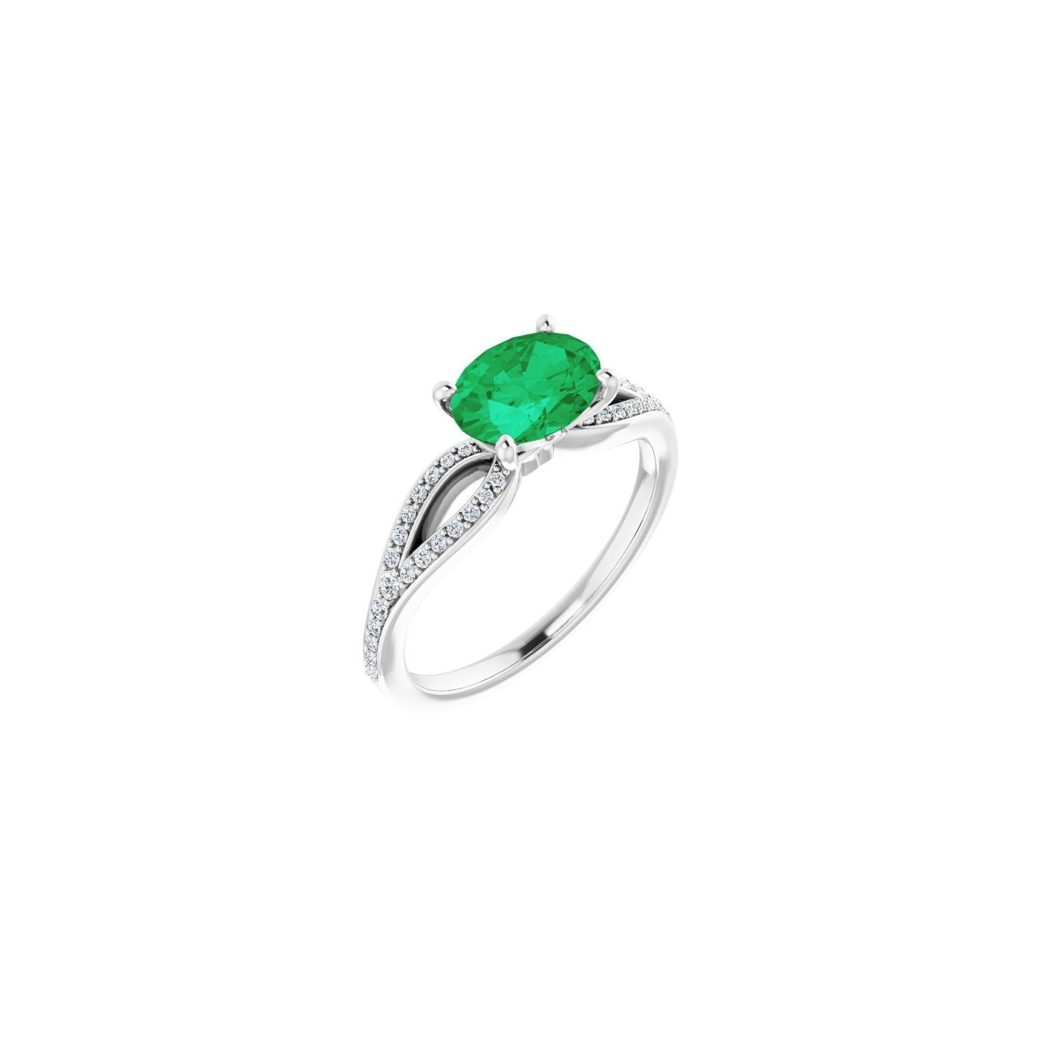 Oval Emerald Pavé Slim-Band Engagement Ring in 14K White Gold