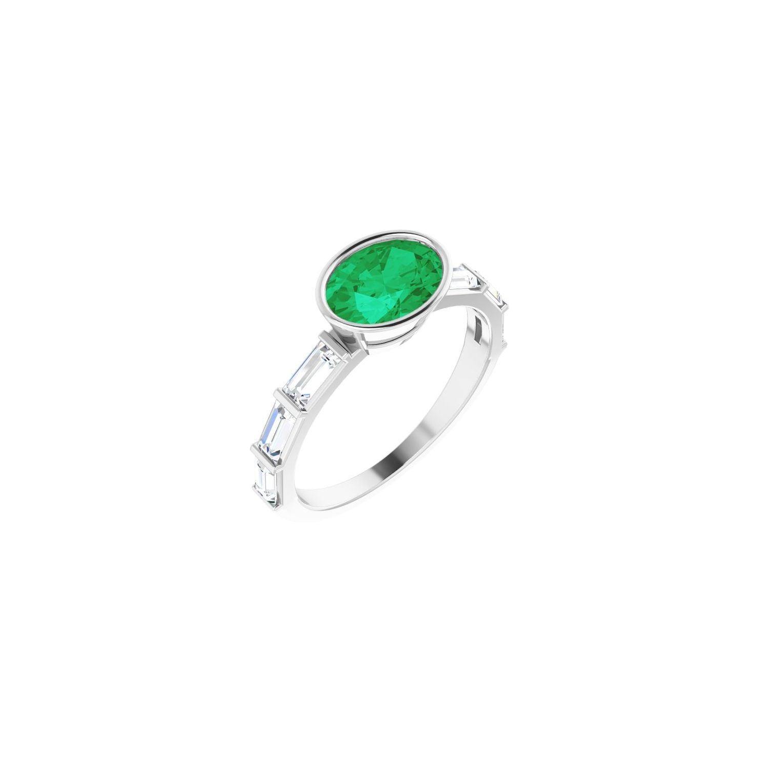 Oval Emerald Bezel-Set Cathedral Engagement Ring in 14K White Gold