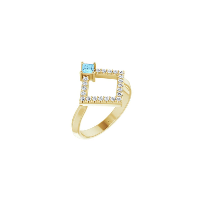 Geometric Diamond Natural Aquamarine Ring (1/5 ctw) in 14K Yellow Gold