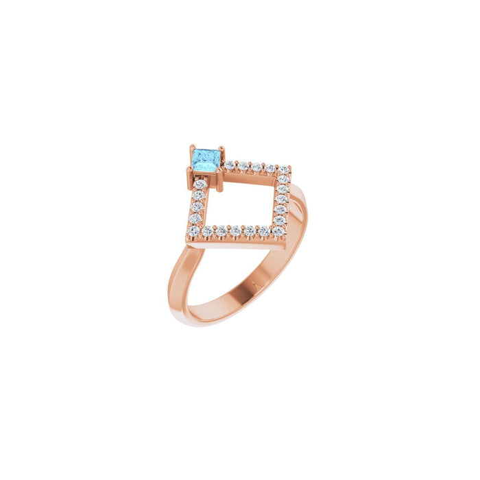 Geometric Diamond Natural Aquamarine Ring (1/5 ctw) in 14K Rose Gold