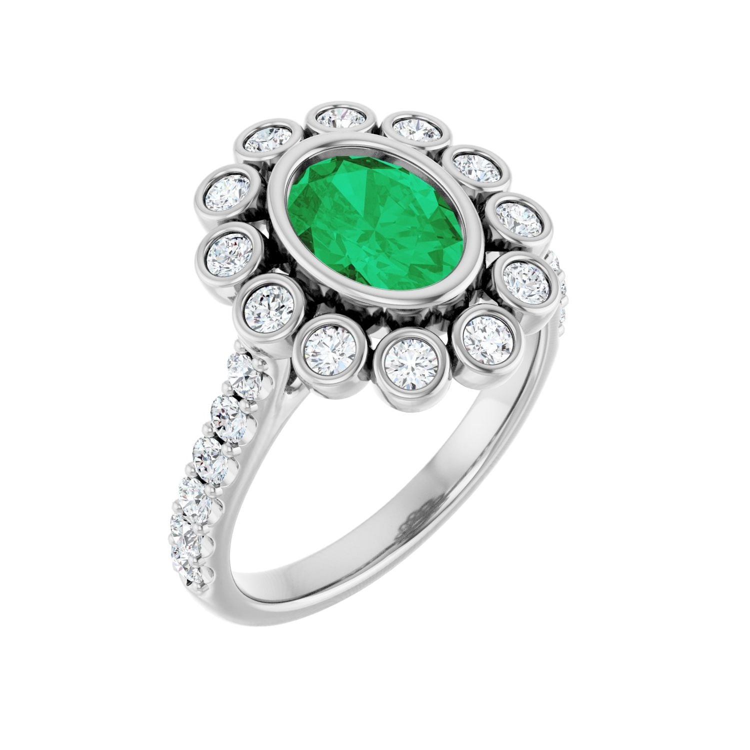 Oval Emerald Halo-Accented Bezel-Set Engagement Ring in 14K White Gold