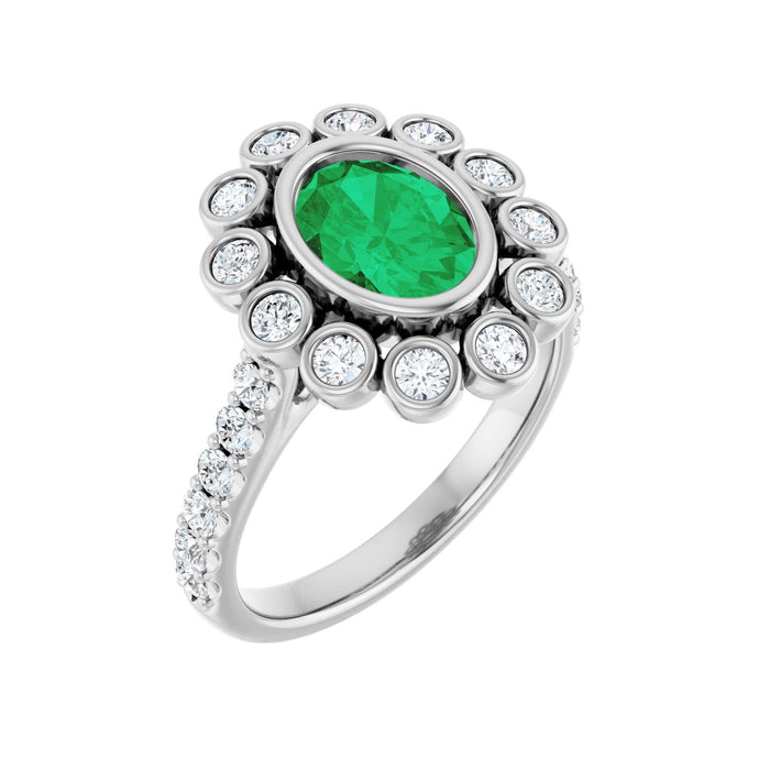 Oval Emerald Halo-Accented Bezel-Set Engagement Ring in 14K White Gold