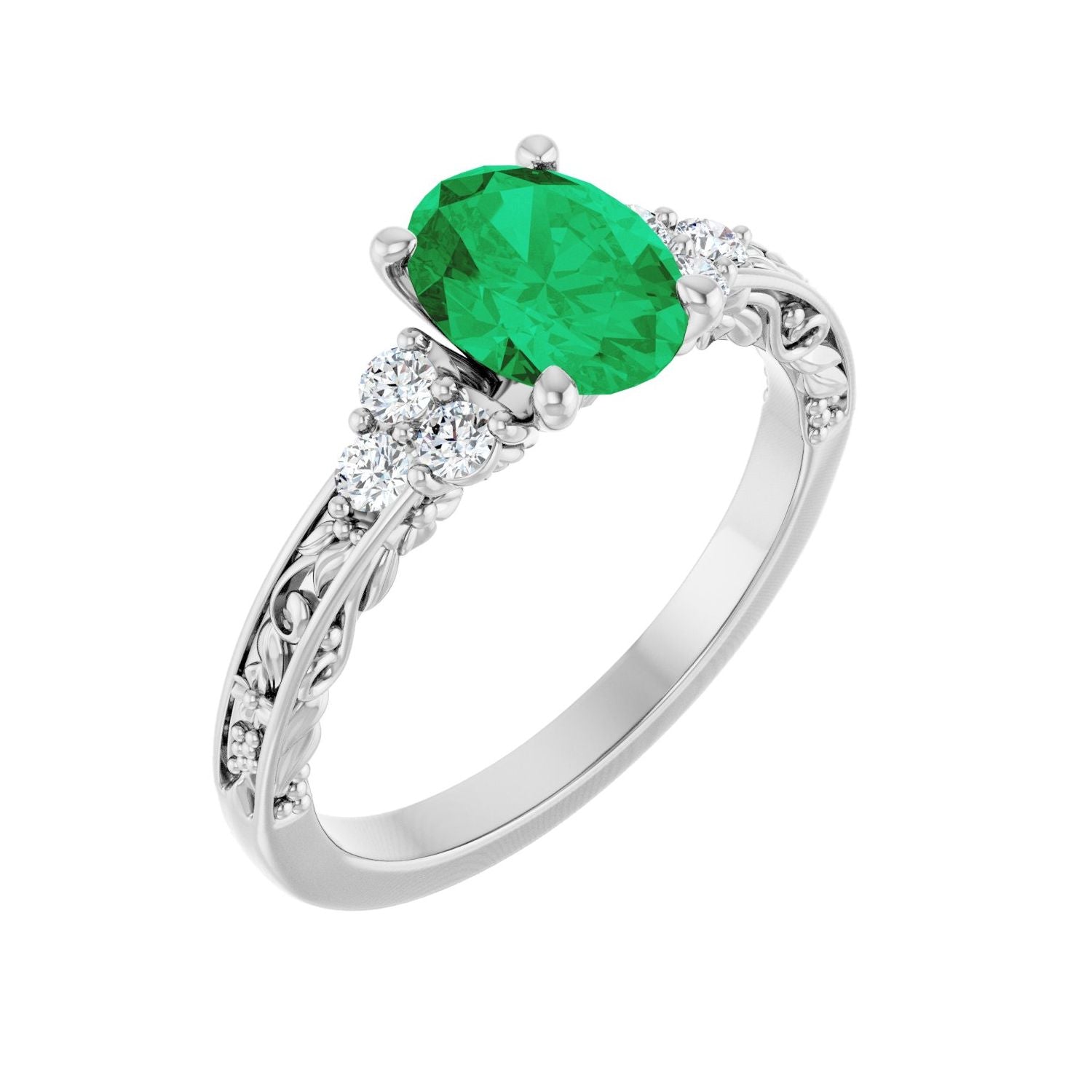 Oval Emerald Sculptural Pavé Engagement Ring in 14K White Gold