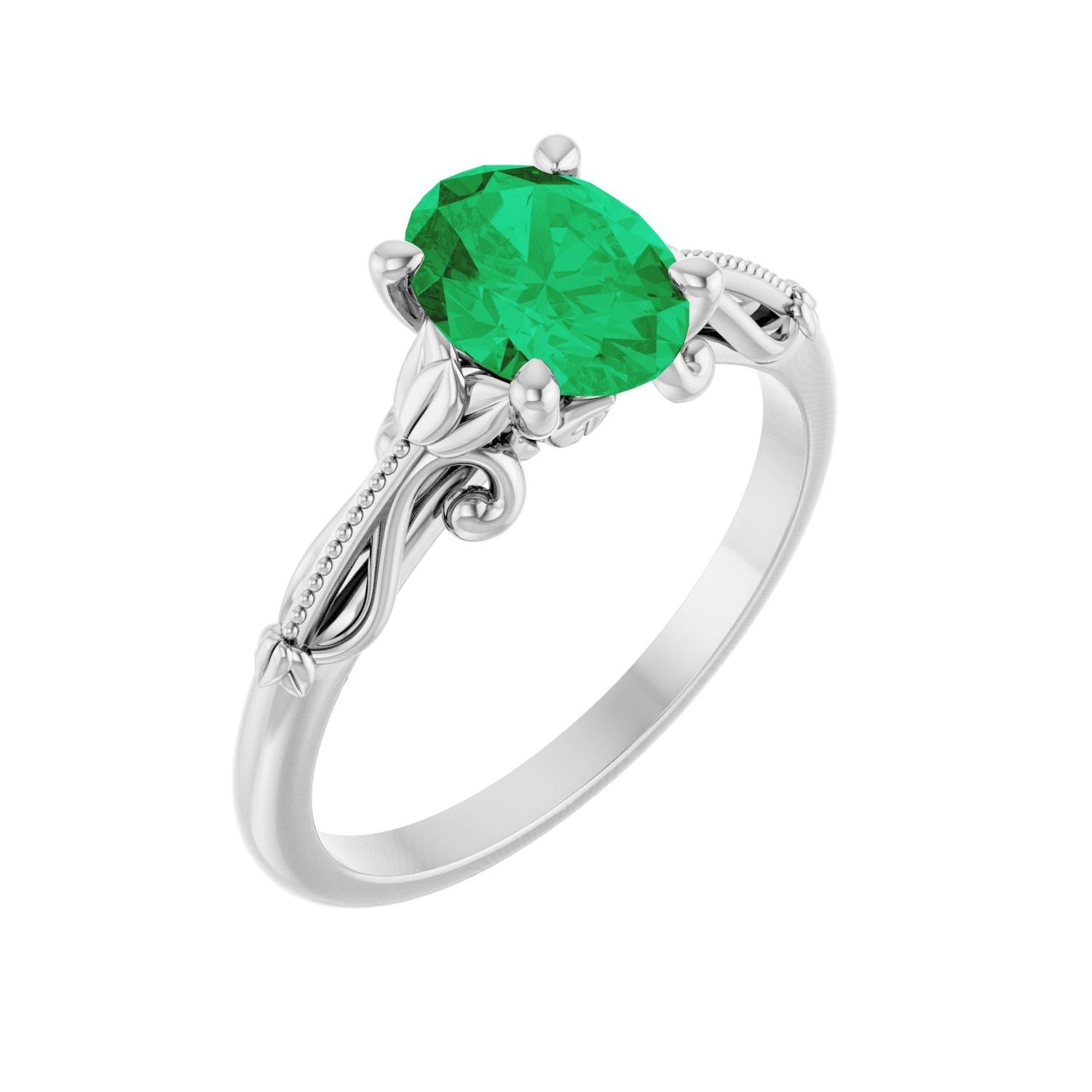 Oval Emerald Sculptural Solitaire Engagement Ring in 14K White Gold
