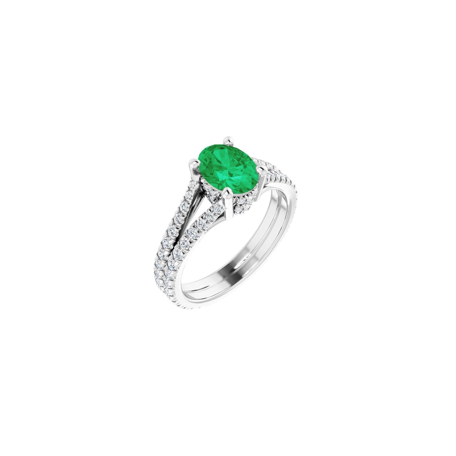 Oval Emerald Pavé Tapered Engagement Ring in 14K White Gold