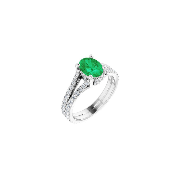 Oval Emerald Pavé Tapered Engagement Ring in 14K White Gold