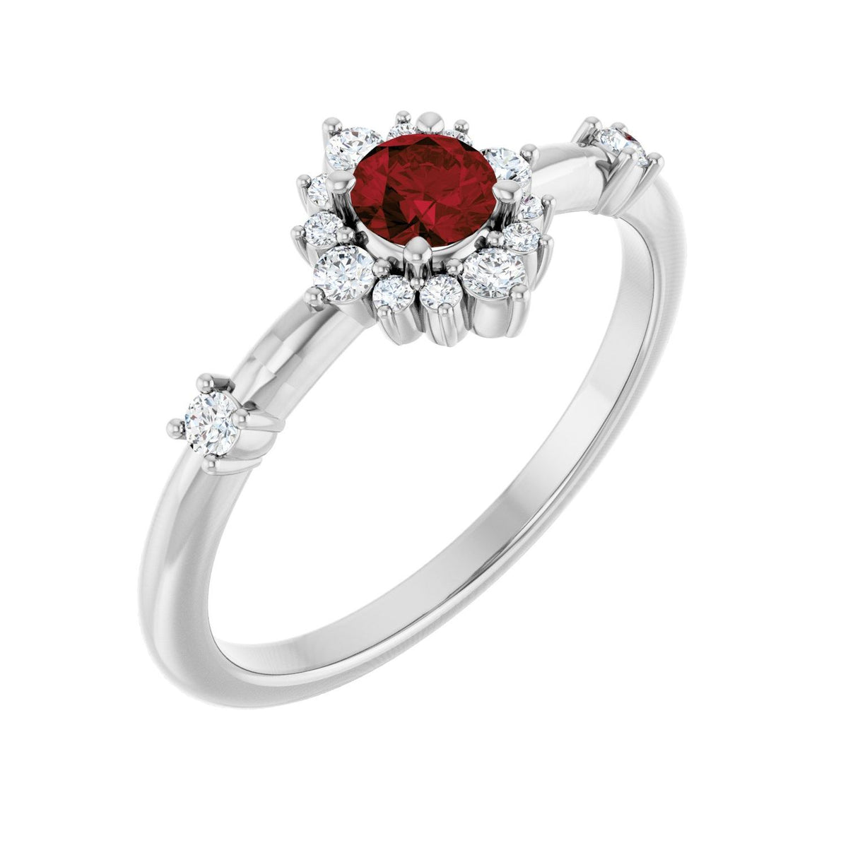 Garnet & Diamond Halo Ring (1/6 ctw) in 14K White Gold