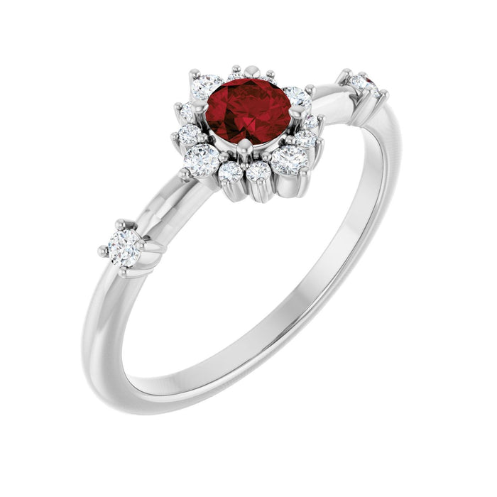 Garnet & Diamond Halo Ring (1/6 ctw) in 14K White Gold
