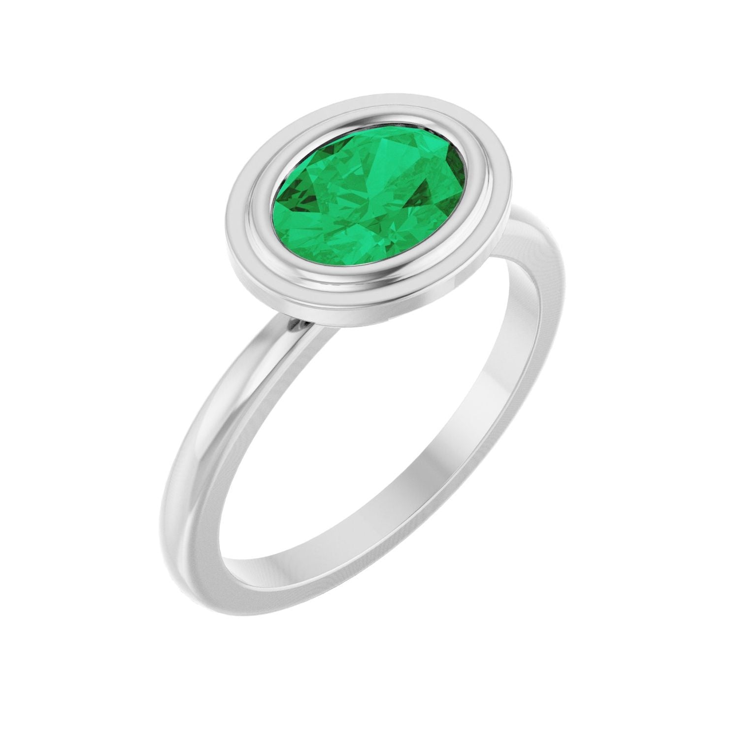 Oval Emerald Bezel-Set Tapered Engagement Ring in 14K White Gold