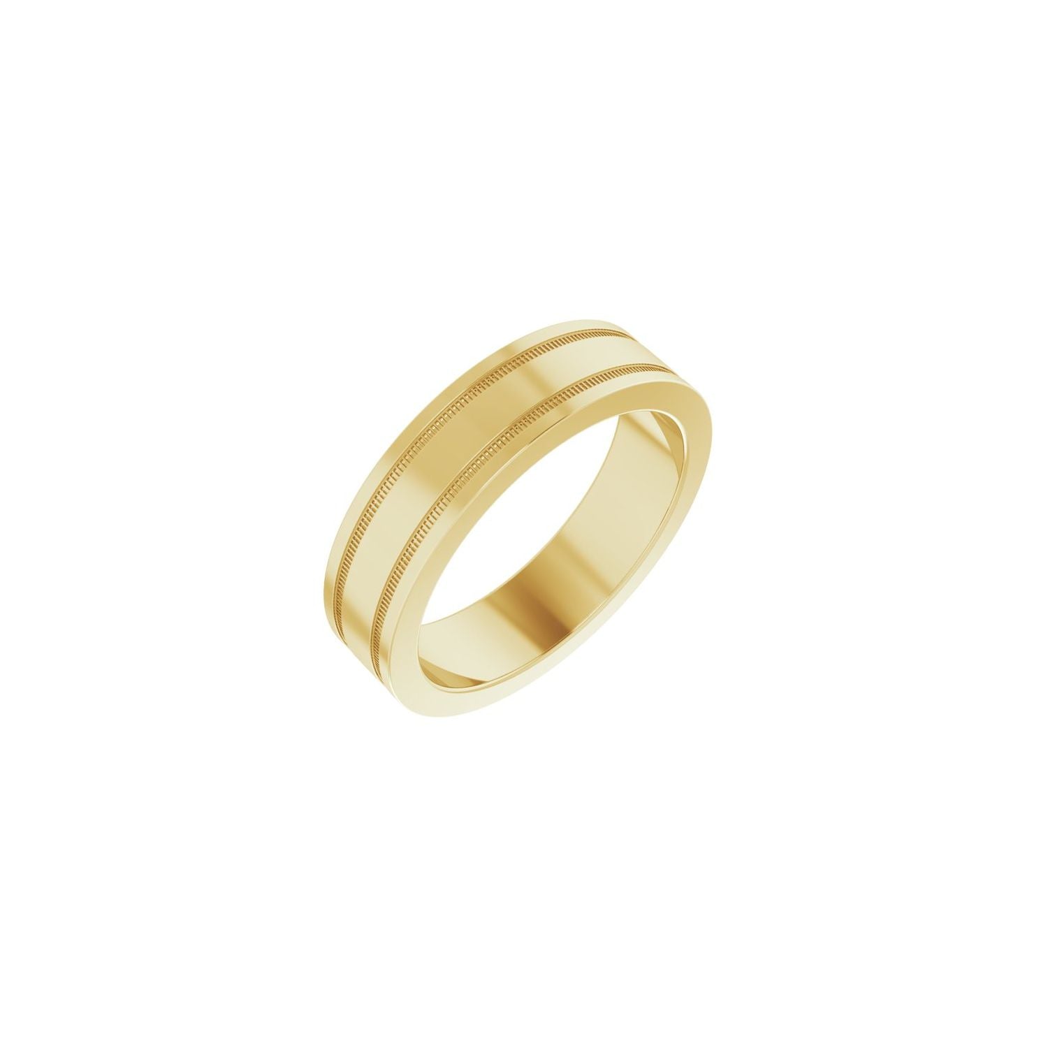 yellow gold milgrain grooved comfort-fit flat band men's wedding band